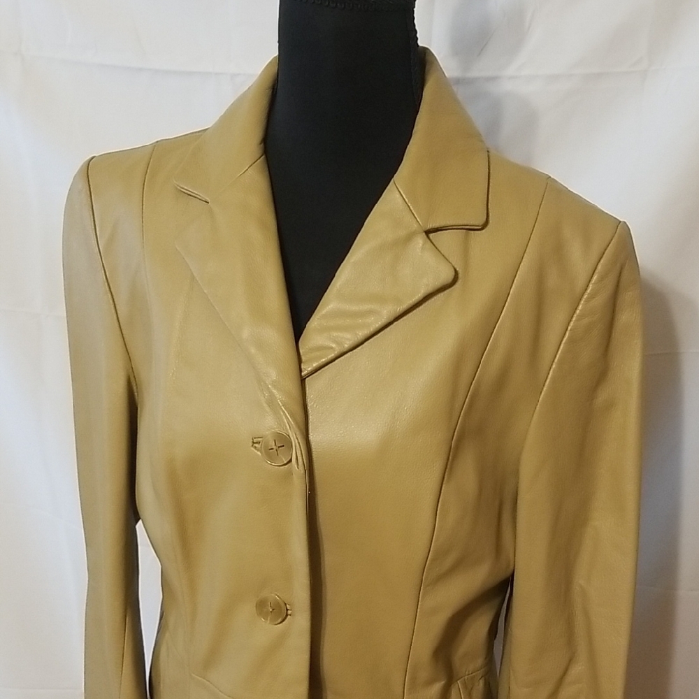 Colebrook 100% Leather Classic Tan Warm Long Button Down Coat Jacket Neutral - M - Picture 2 of 16